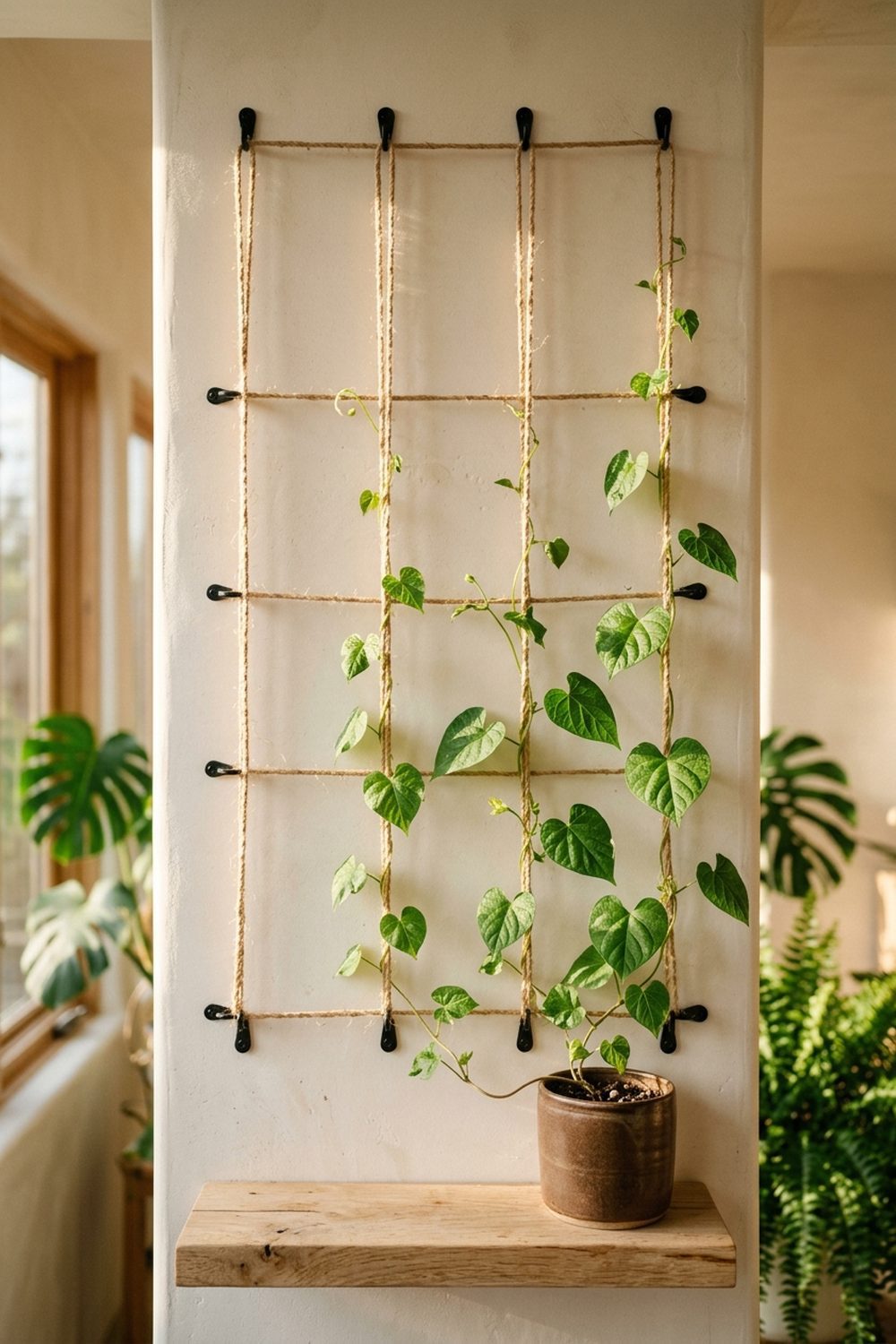 Minimalist jute string grid trellis mounted on a white plaster sunroom wall with climbing morning glory vines and a stoneware pot on an oak shelf
