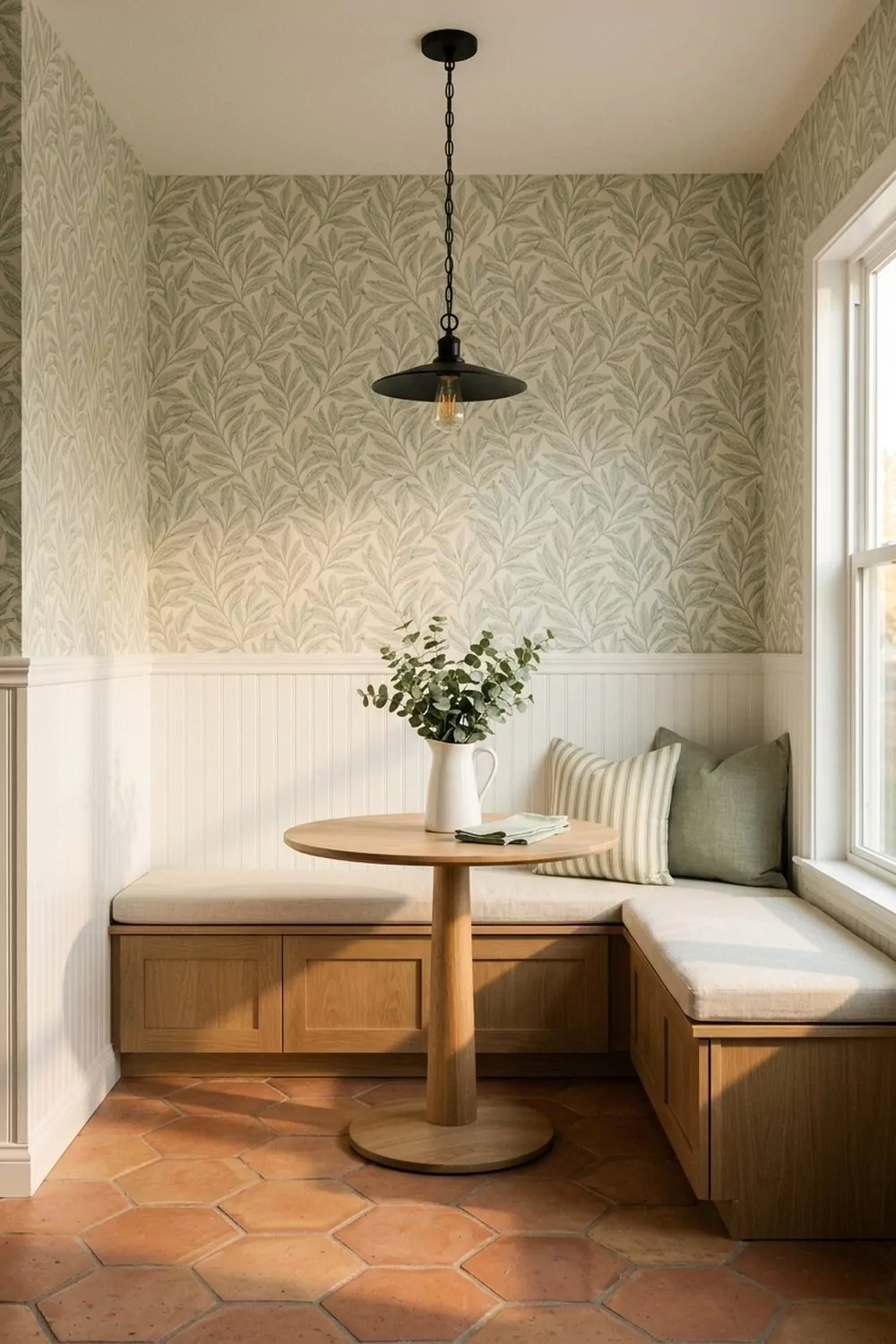 Cozy breakfast nook with soft sage botanical wallpaper above white beadboard wainscoting and a small built-in banquette