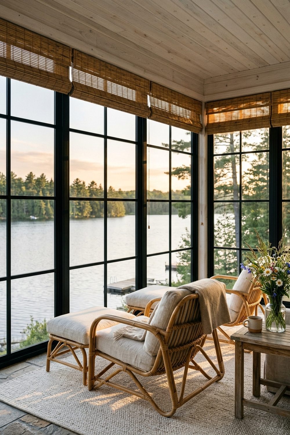 Lakeside cabin sunroom with floor-to-ceiling panoramic windows overlooking a calm lake, rattan lounge chairs, bamboo shades, and golden hour light