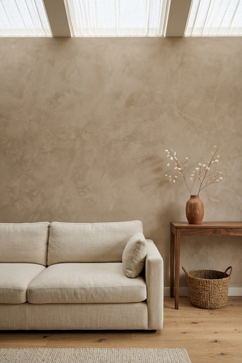 Light brown limewash accent wall with mottled mineral texture behind a cream linen sofa and walnut console table