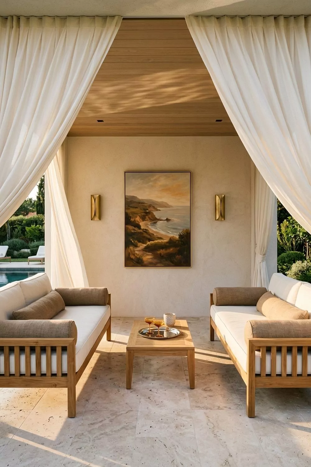 Luxury pool cabana with teak daybeds, ivory cushions, flowing white drapery panels, brass sconces and golden hour glow