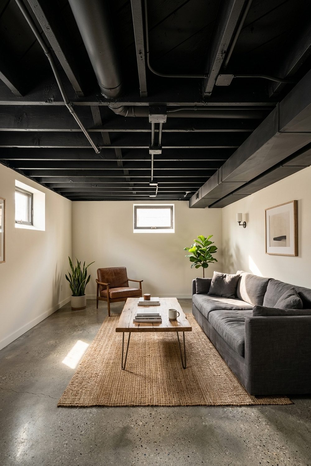Matte Black Painted Basement Exposed Ceiling