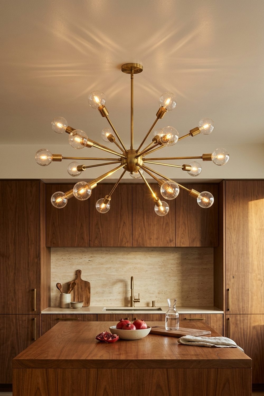 Sixteen arm brass sputnik chandelier with clear glass globe bulbs centered above a teak veneer kitchen island with walnut cabinets and travertine backsplash