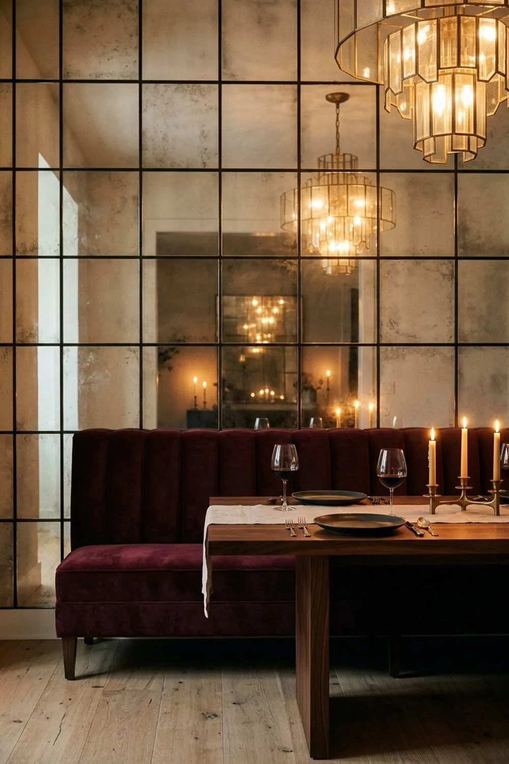 Dining niche with antiqued mirrored tile grid feature wall reflecting candlelight, burgundy channel-tufted velvet banquette and deco crystal chandelier