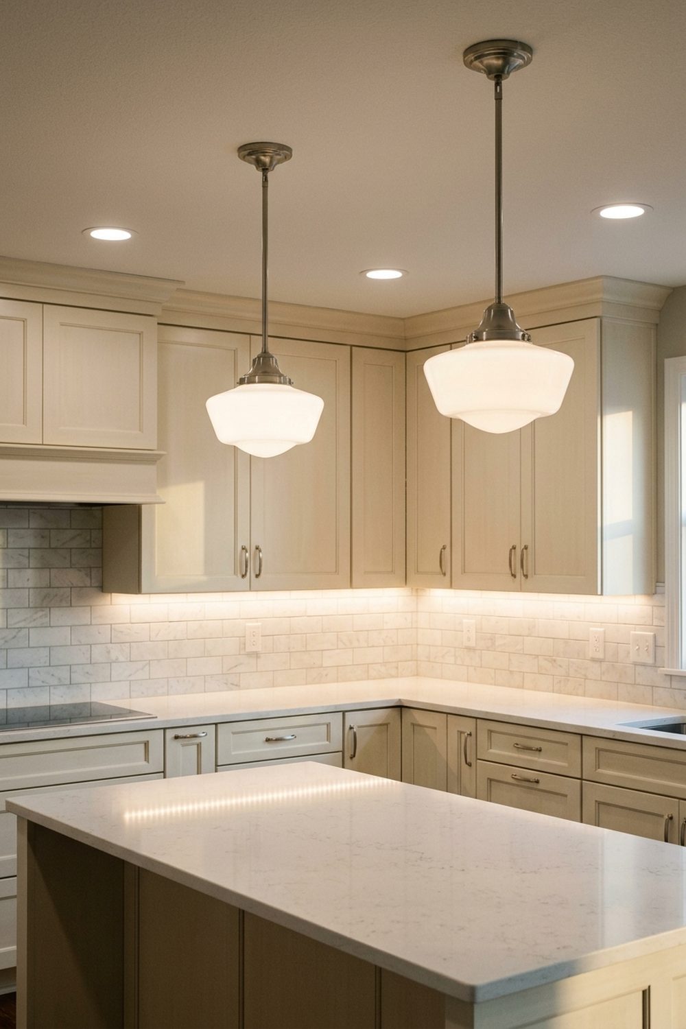 Transitional kitchen with two milk glass schoolhouse pendants over a quartz island, recessed ceiling downlights, and warm under cabinet LED tape on the marble subway backsplash