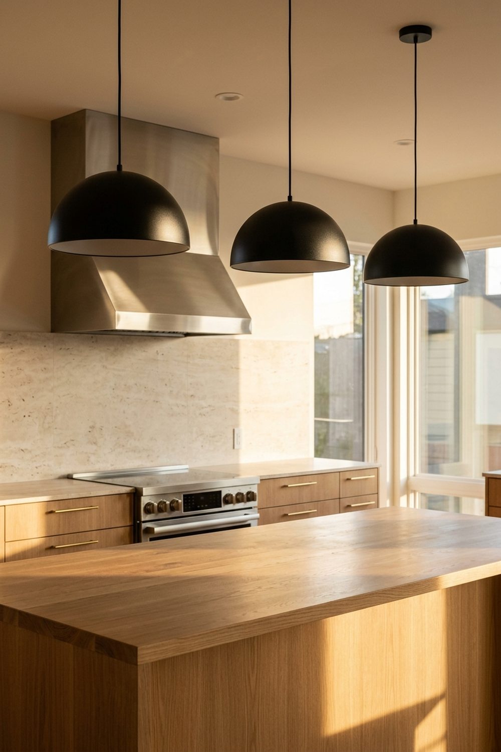 Three matte black dome pendant lights hanging above a white oak kitchen island with stainless range and travertine backsplash