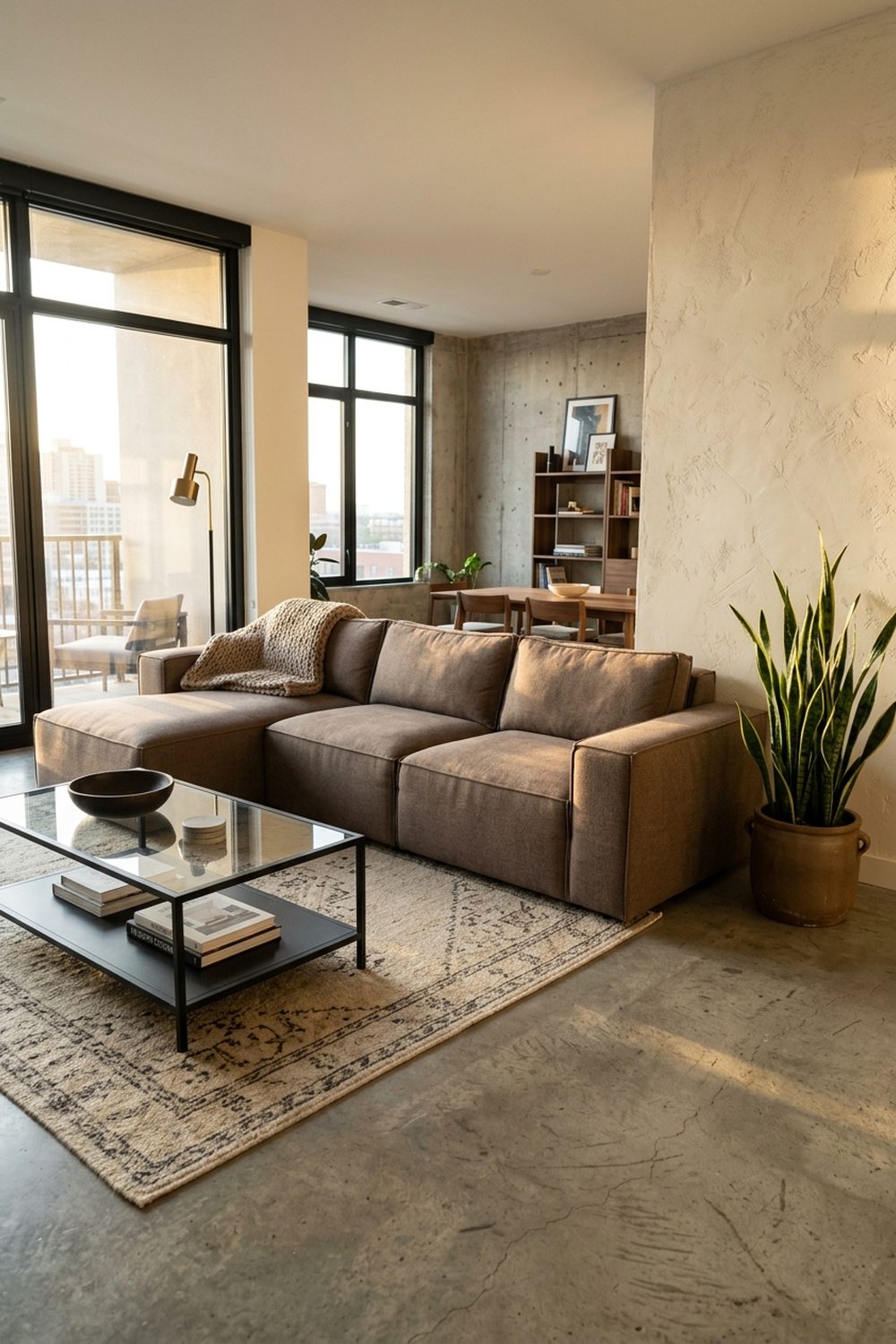 Modern taupe brown modular sectional sofa in an open-plan living room with concrete floor and floor-to-ceiling windows