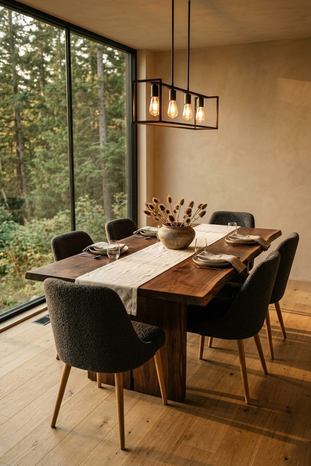 Modern cabin dining room with walnut dining table, charcoal boucle upholstered chairs, linear iron pendant light, and forest view through floor-to-ceiling glass