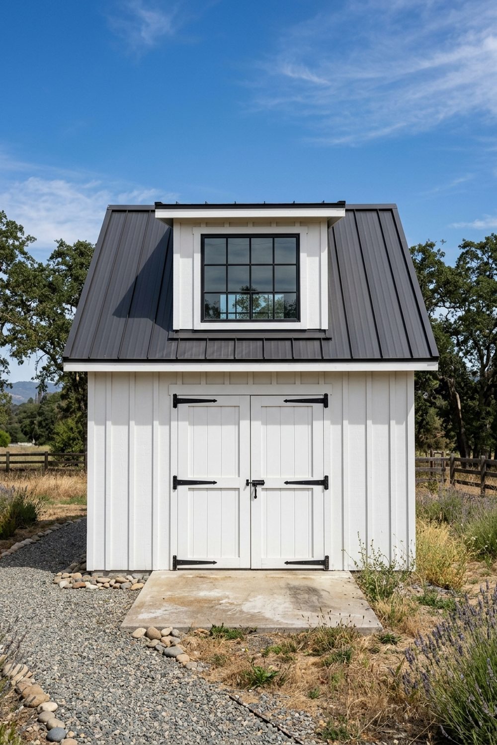 Modern farmhouse shed with a black metal roof, board and batten white siding and a front dormer holding a black framed window