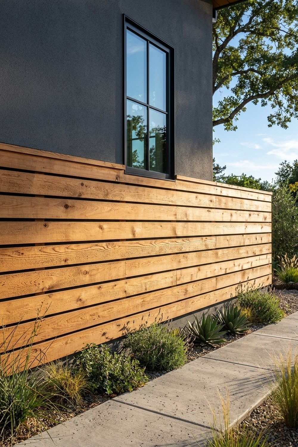 Modern horizontal cedar plank wainscoting on contemporary home exterior with dark gray stucco above and black window frames