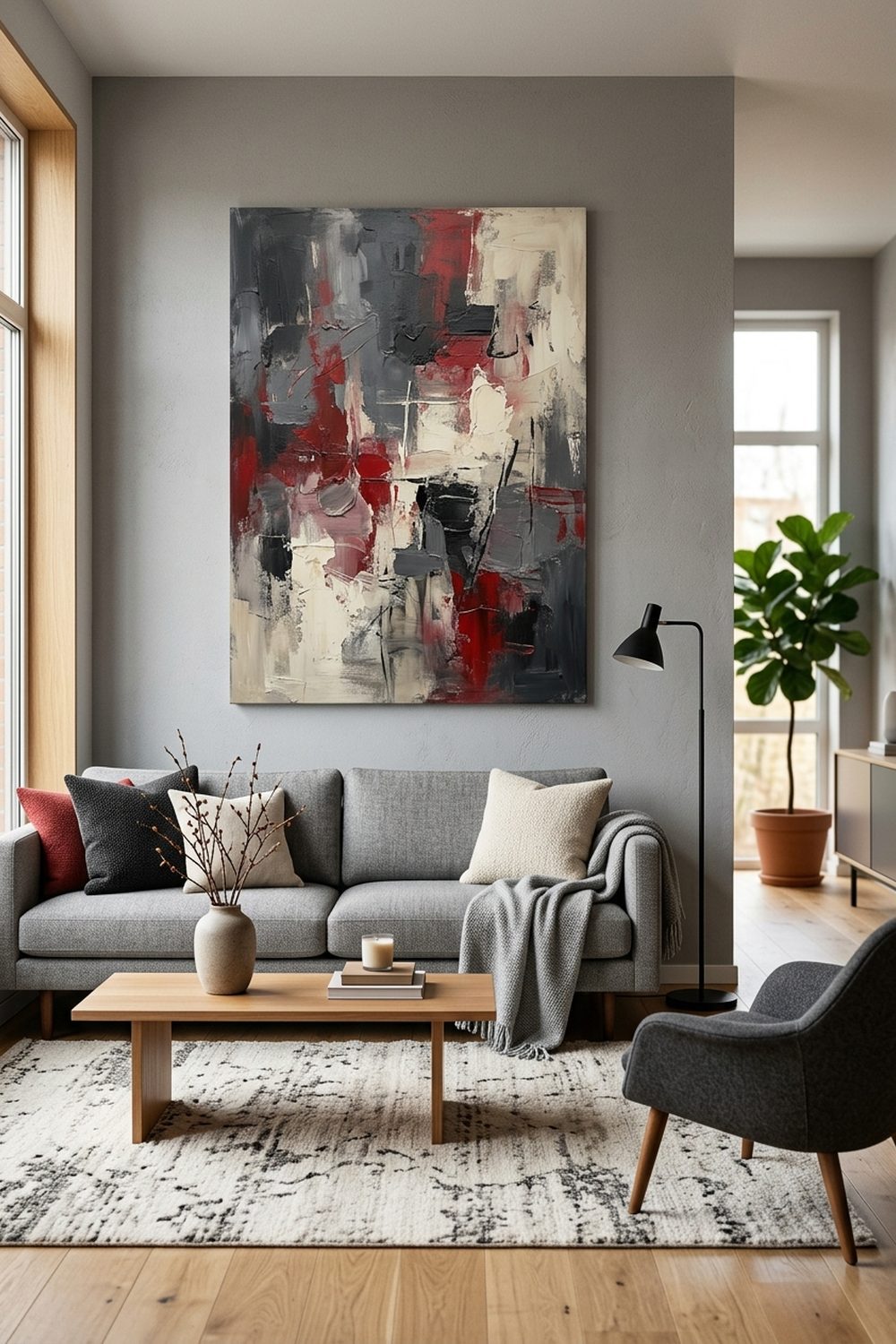 Large abstract wall art in charcoal grey crimson red and ivory above a grey sofa