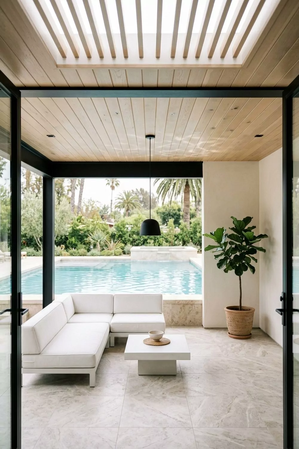 Modern white pool cabana retreat with clean-lined oak slat ceiling, white sectional, black pendant and aqua pool behind