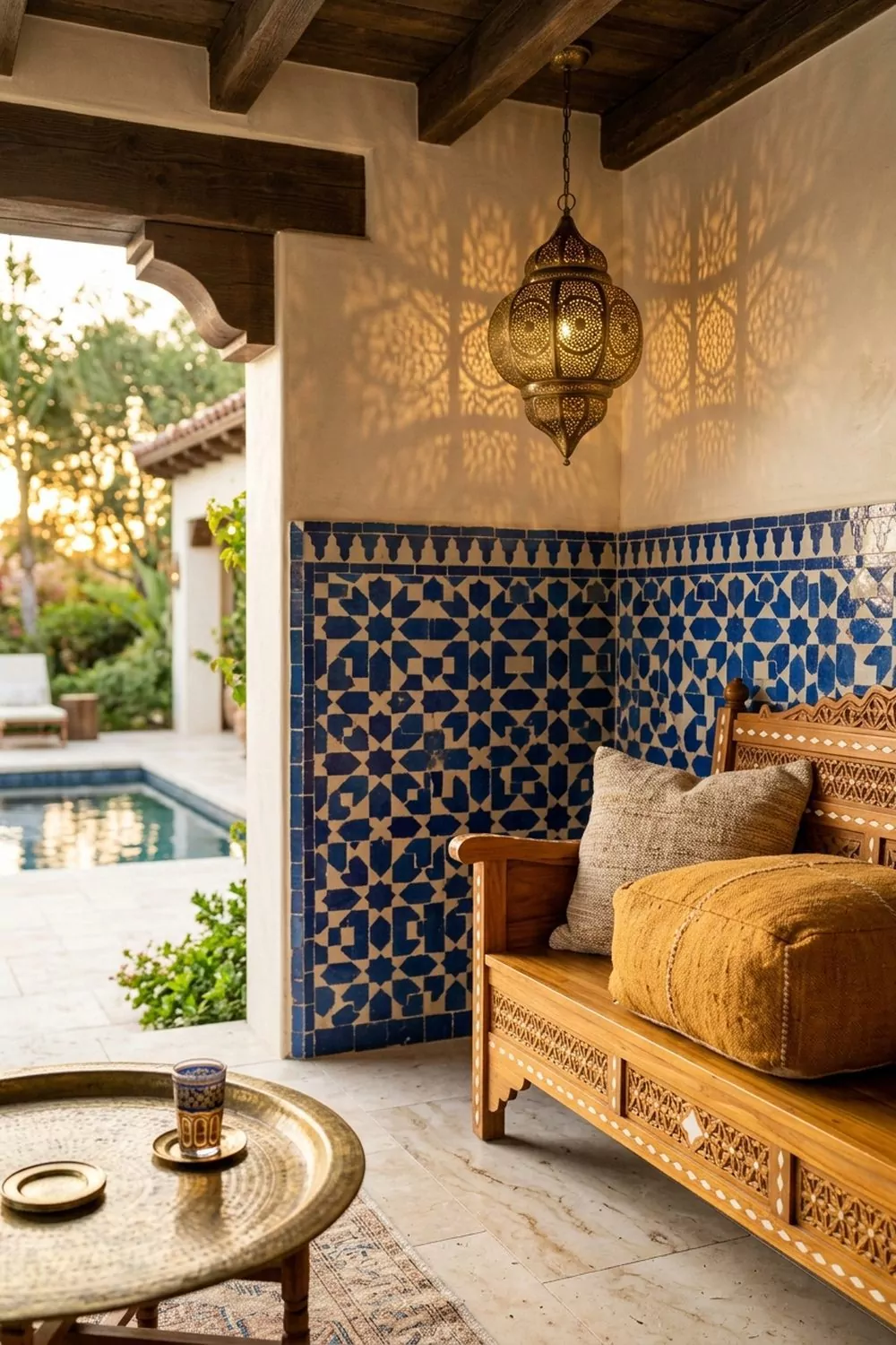 Moroccan inspired pool cabana with cobalt and cream zellige tile wall, carved teak seating, ochre pouf, pierced brass lantern and pool view