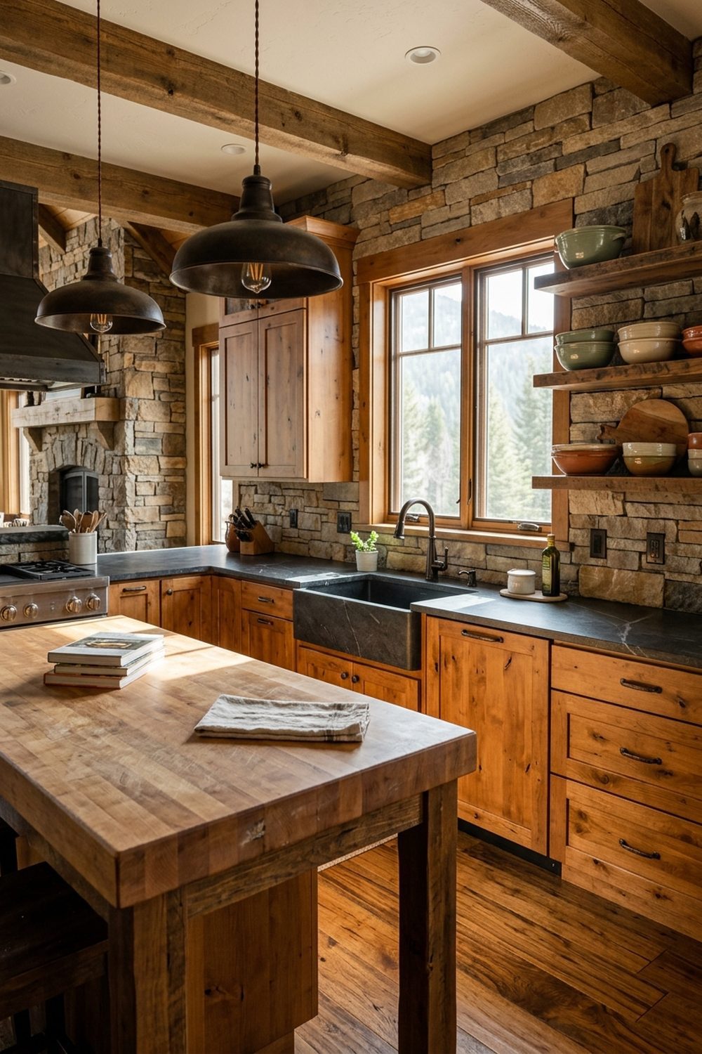 Mountain cabin kitchen with honed soapstone countertops, knotty alder cabinetry, stacked ledgestone backsplash, and iron pendant lights over butcher block island