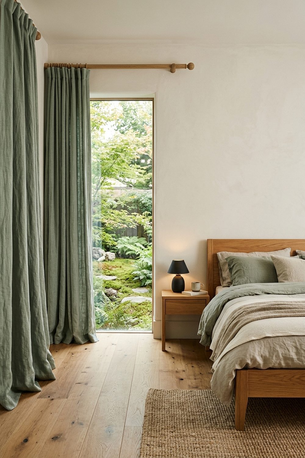 Muted sage green linen japandi curtain panels framing a garden window in an oak Japandi bedroom with sage bedding and stoneware lamp
