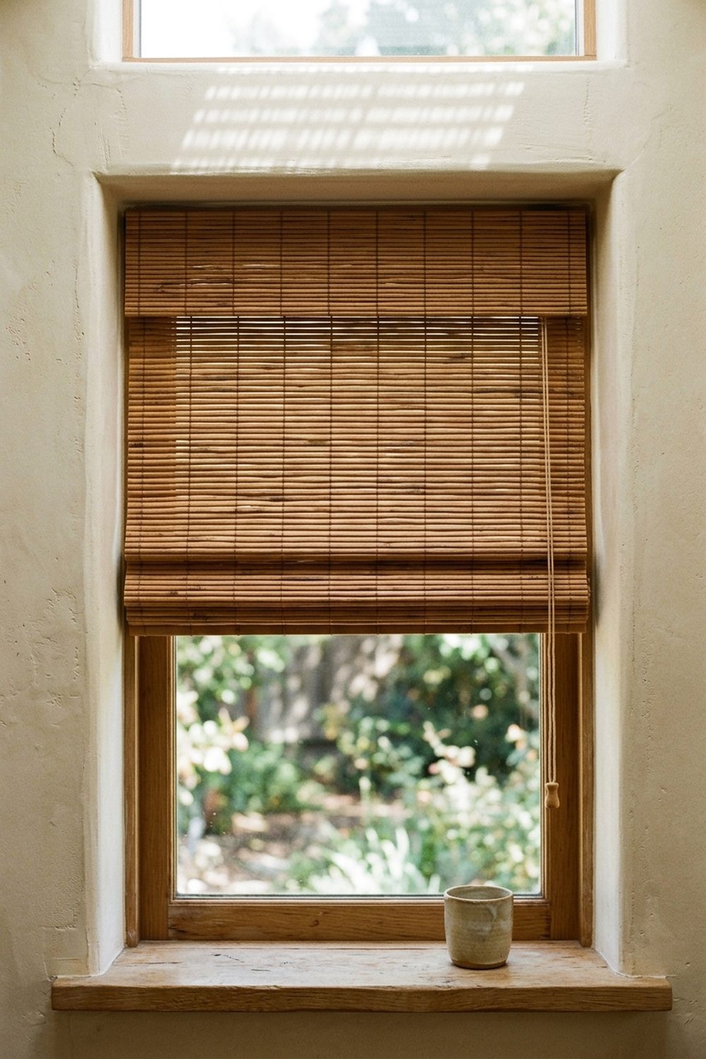 Natural bamboo roman shade half raised over a tall Japandi window with oak sill and cream plaster walls