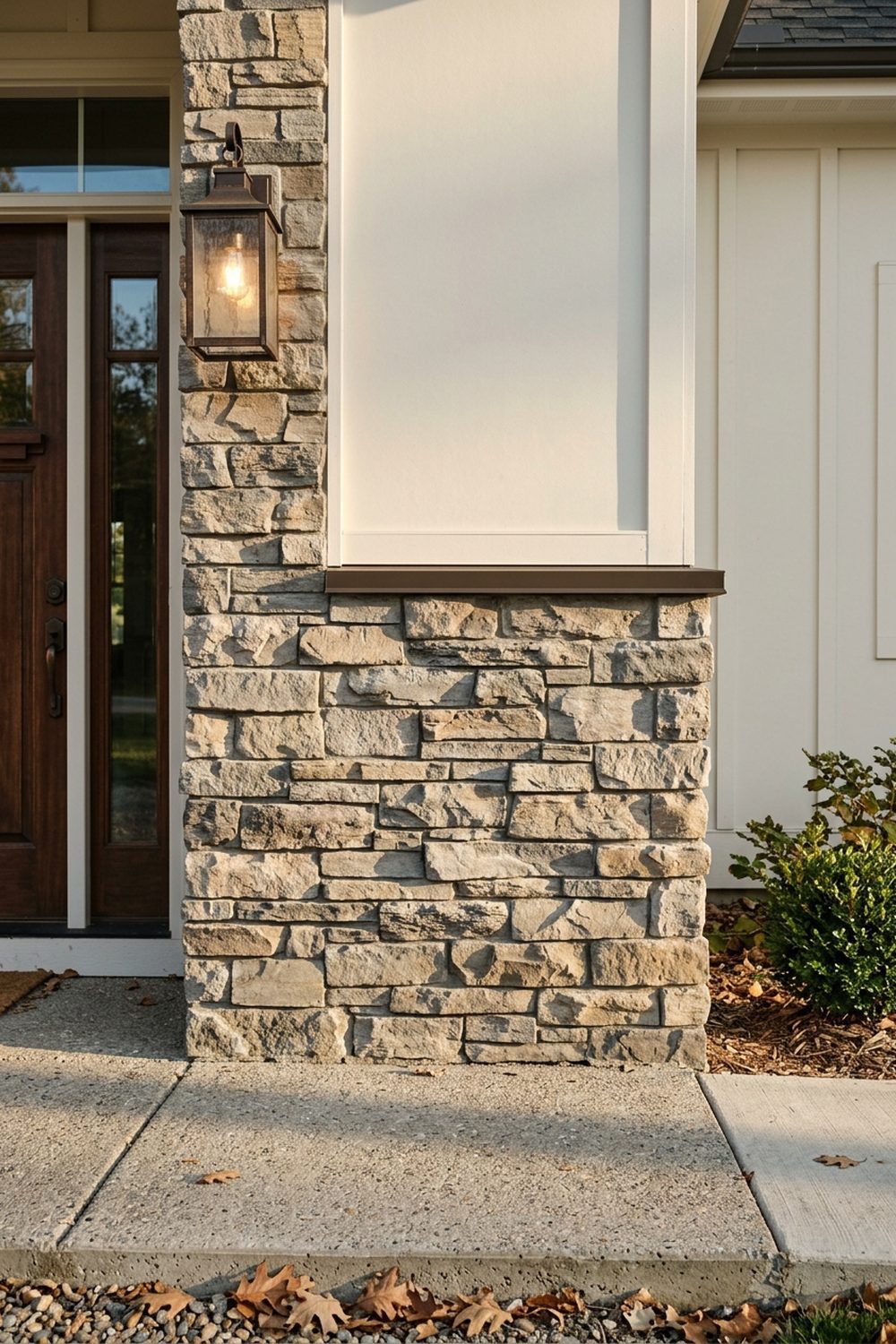 Natural stone veneer wainscoting on home exterior lower facade with stacked ledgestone in warm gray and tan tones below white siding
