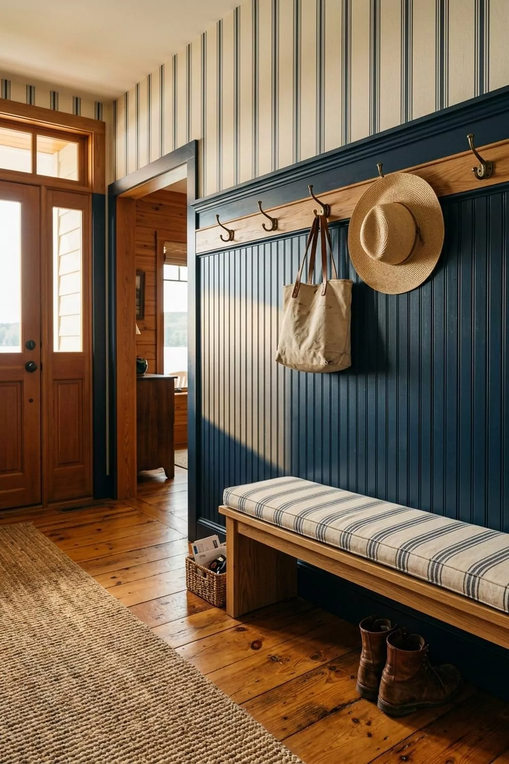 Mudroom entry with deep navy beadboard wainscoting and narrow cream-and-navy stripe wallpaper above with brass coat hooks