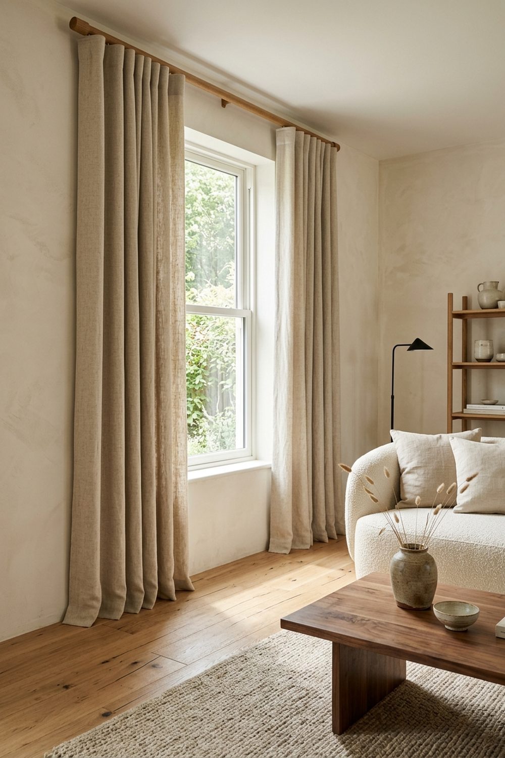 Floor to ceiling oatmeal linen japandi curtains on oak rod in a serene living room with boucle sofa and walnut coffee table