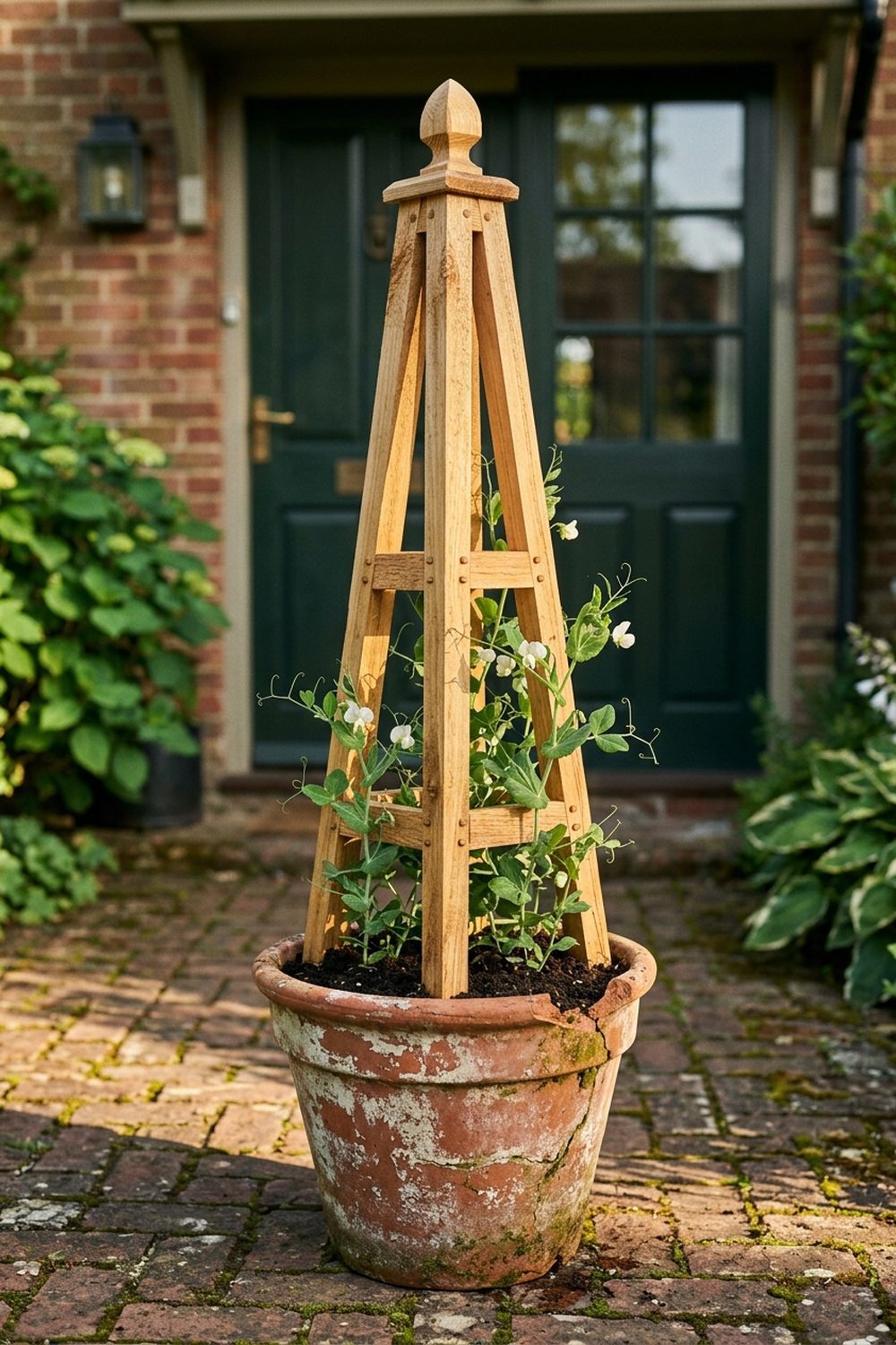 Wooden obelisk tower DIY planter trellis with carved finial in an aged terracotta pot by a front door with climbing peas