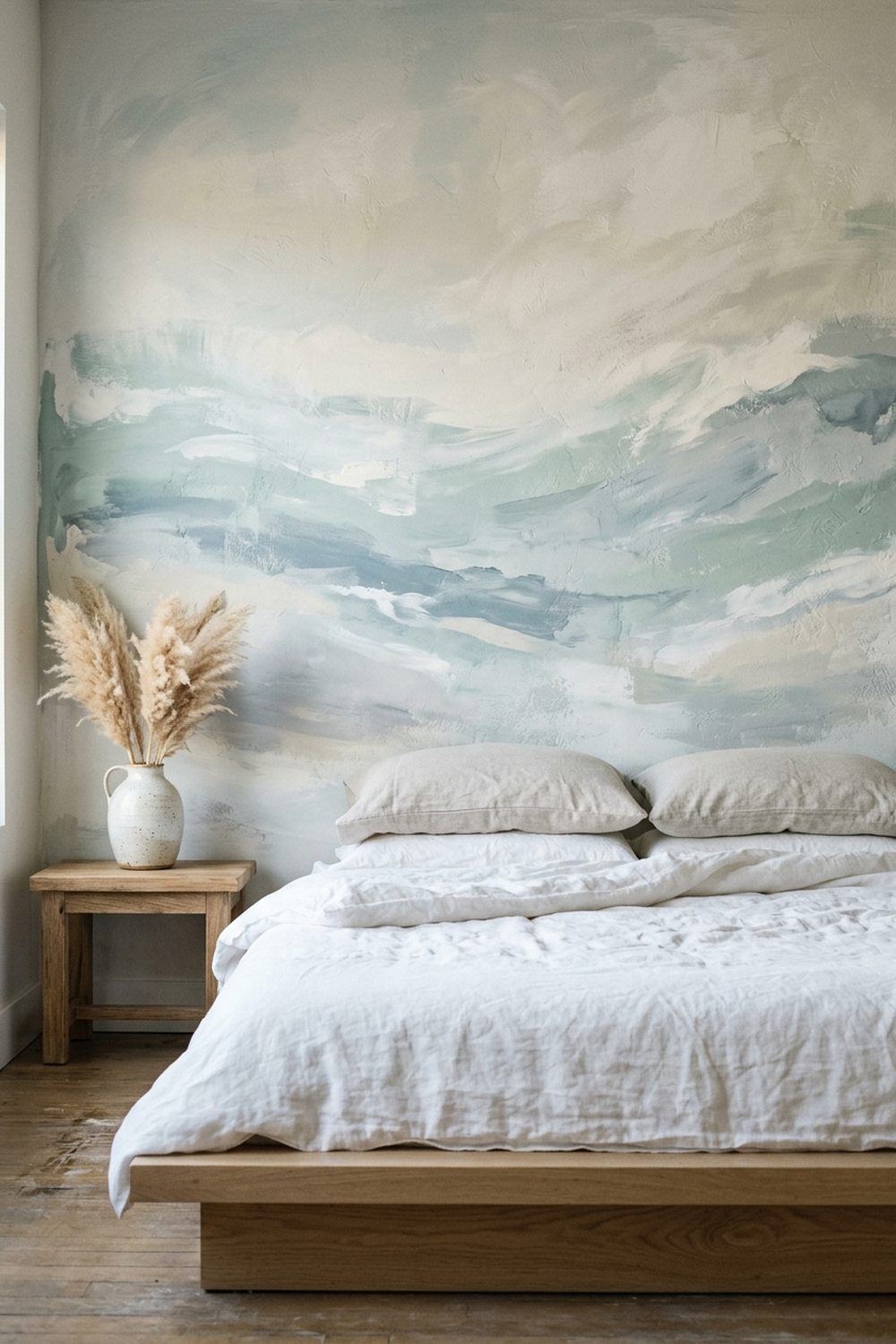 Painted ocean wave mural coastal accent wall in soft seafoam mist and slate blue tones, abstract watercolor motion behind a neutral bed with white linen bedding and a pale oak nightstand