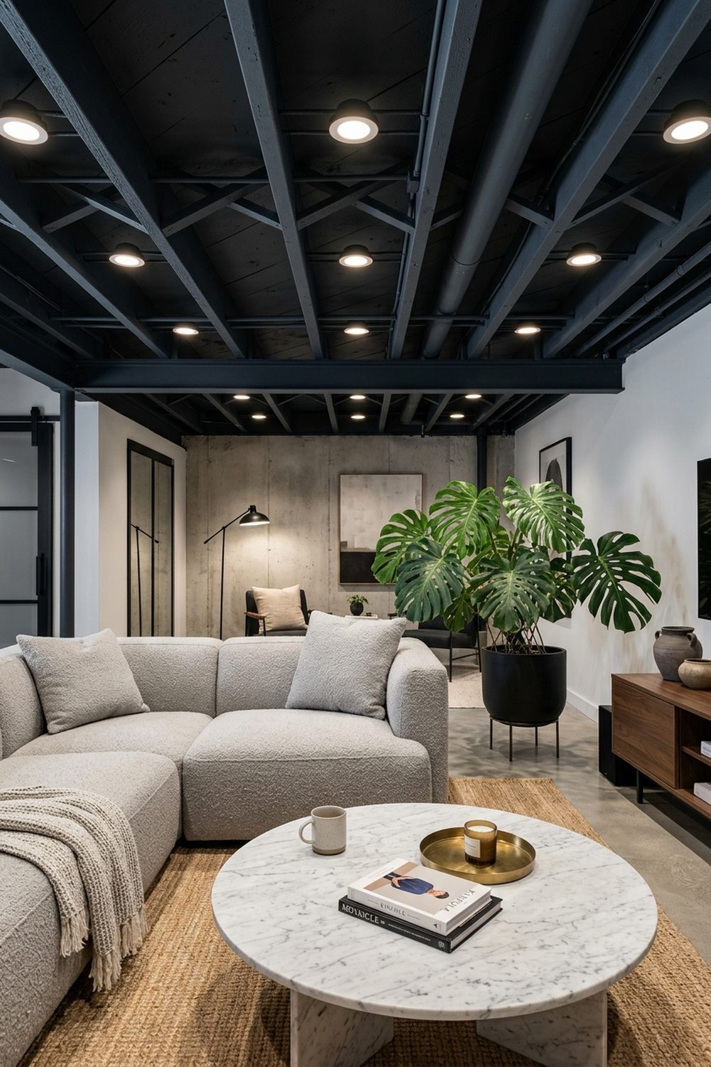 Open Ceiling with Recessed Can Lights Modern basement with deep charcoal open ceiling and recessed LED can lights above a gray sofa and marble coffee table