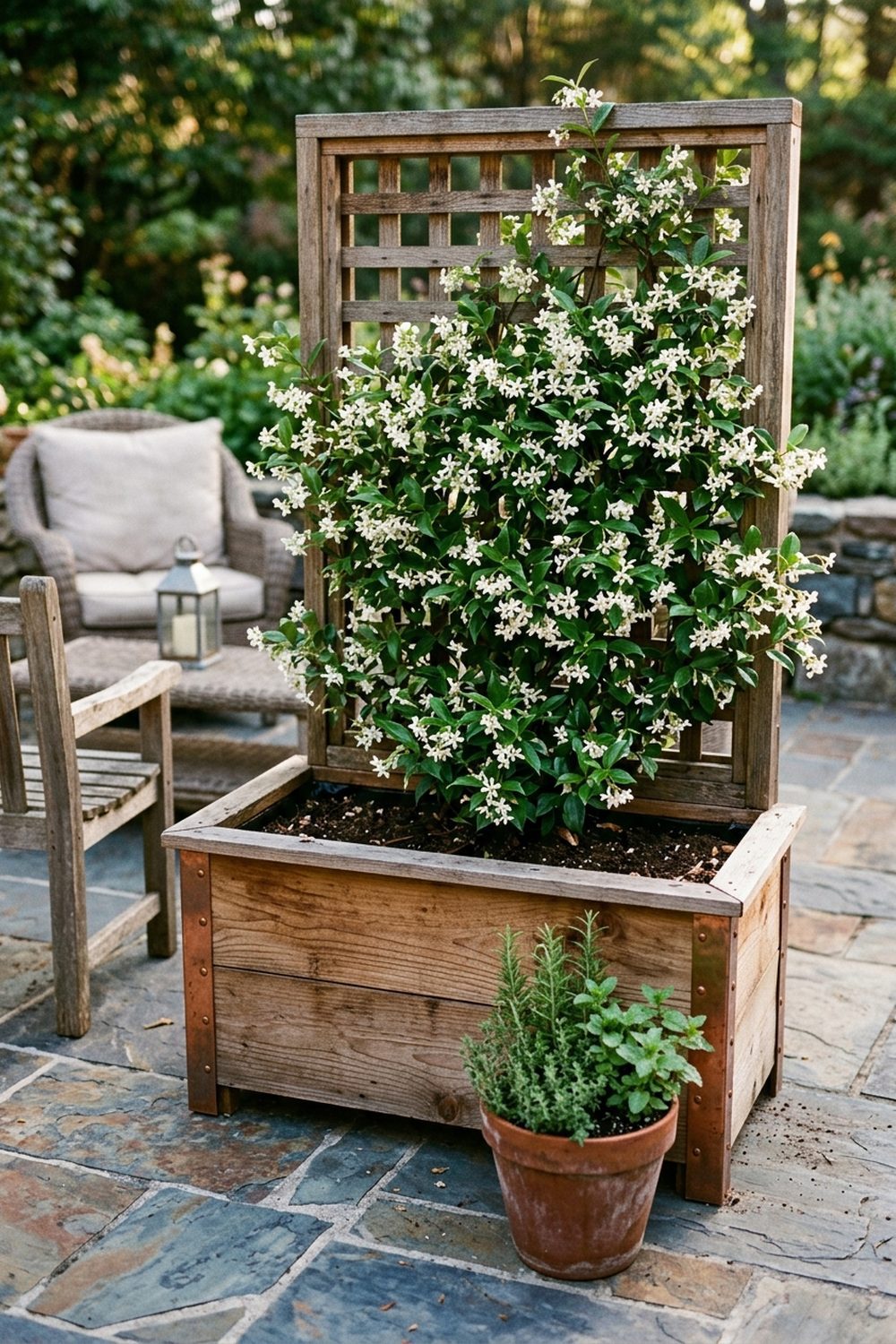 Freestanding patio garden trellis planter with jasmine vine on a slate stone patio