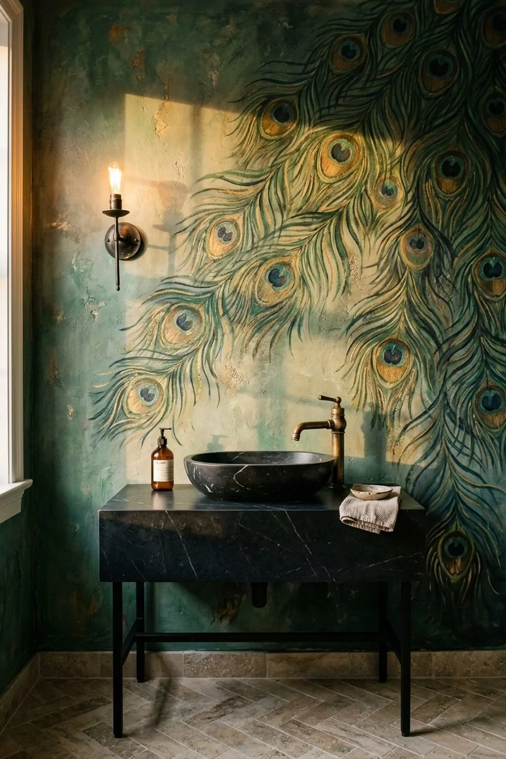 Powder room with hand-painted peacock feather mural wall in emerald green, antique gold and deep teal, black marble vessel vanity and aged brass faucet