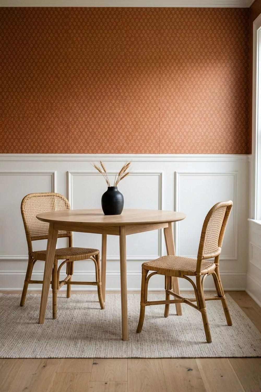 Rental dining area with terracotta peel-and-stick wallpaper above white painted wainscoting and a small round wood table