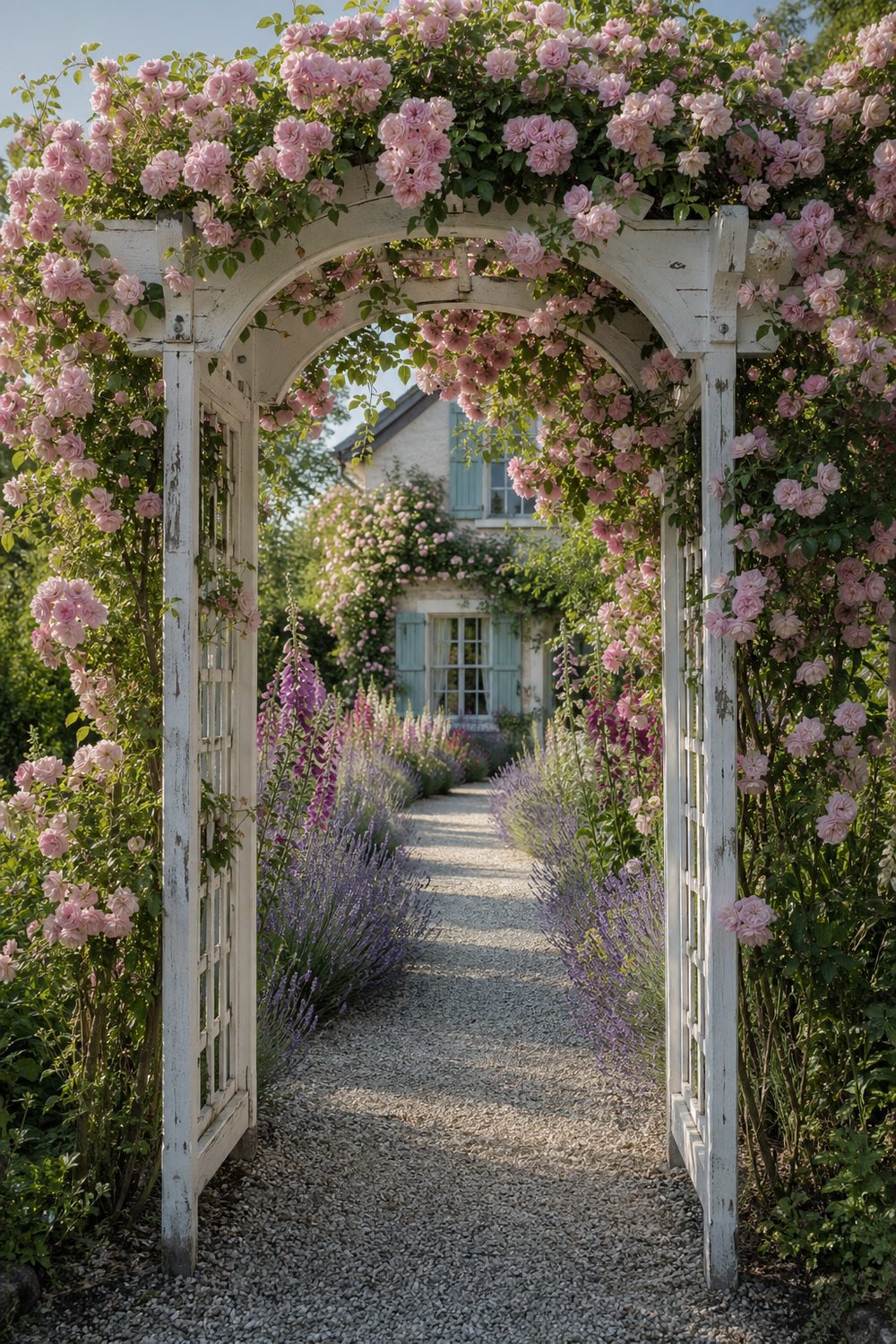 White wooden garden arbor draped in soft pink climbing roses framing a gravel path through a cottage garden in soft morning light