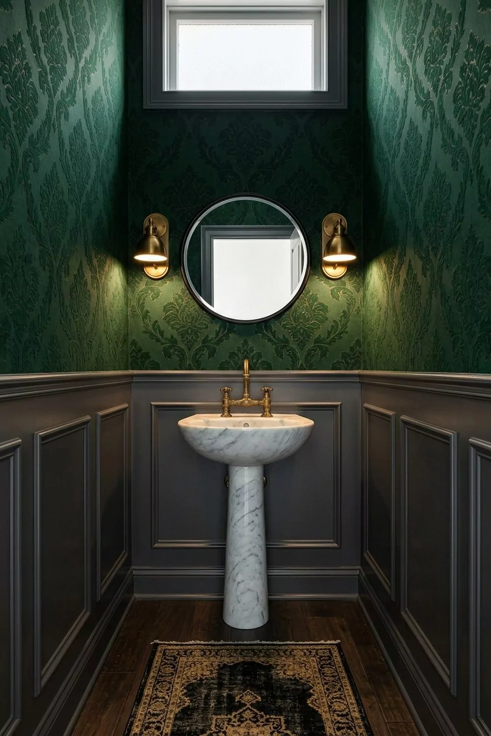 Compact powder room with deep emerald damask wallpaper above charcoal raised-panel wainscoting and a vintage marble vanity