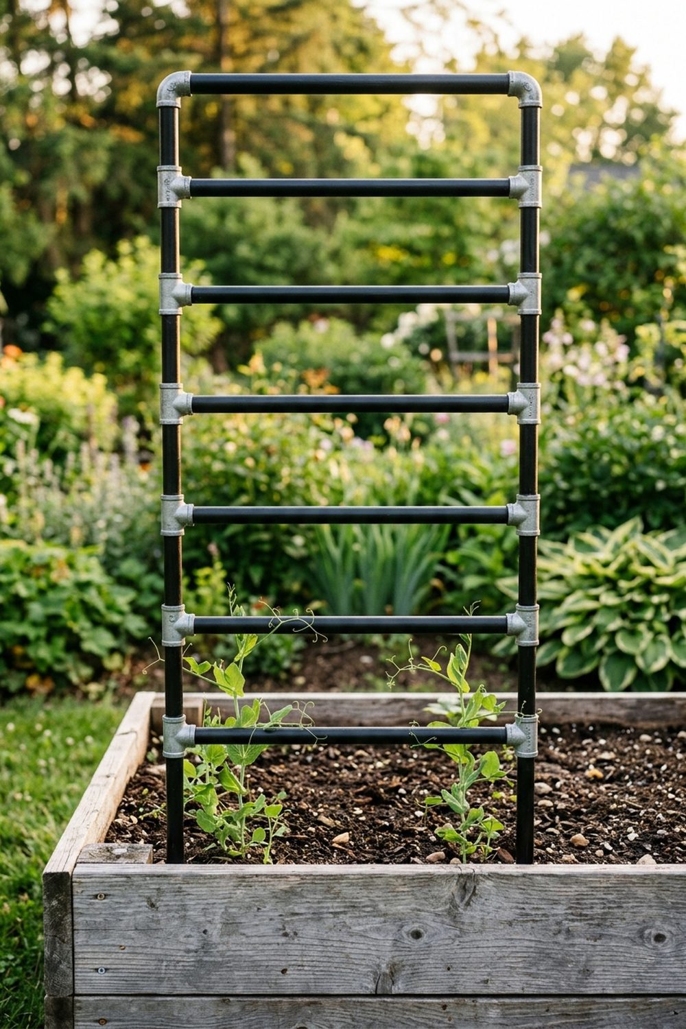 Matte black PVC pipe vertical garden trellis standing in a weathered cedar raised bed with young pea plants climbing the lower rungs