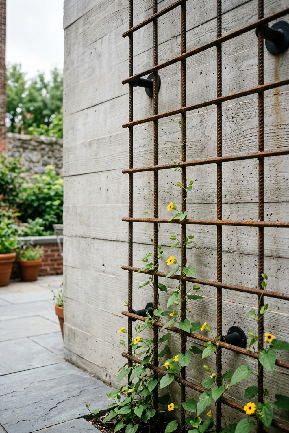 Oxidized rebar industrial wall trellis on a board-formed concrete wall with climbing black-eyed Susan vines in an urban courtyard