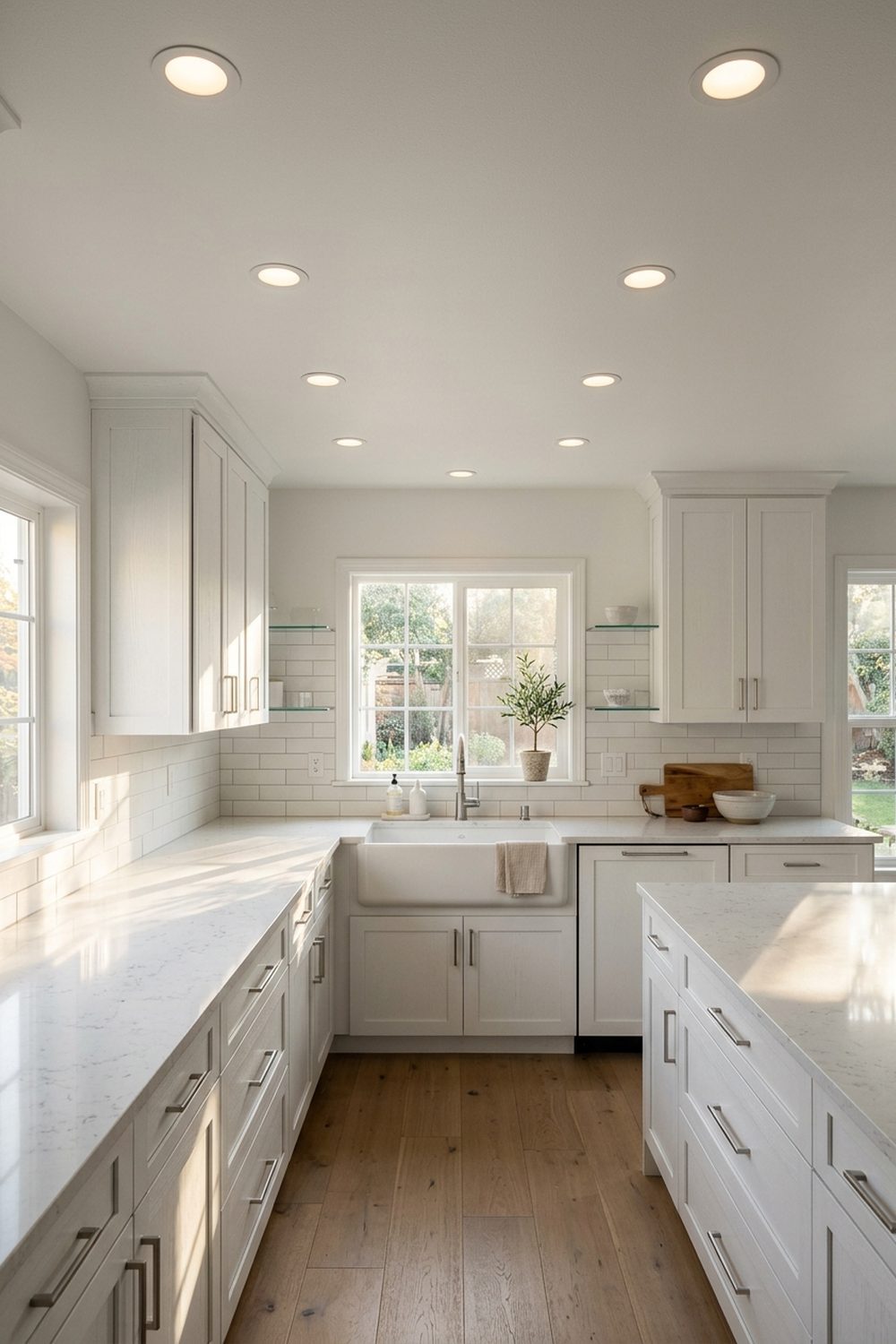 Bright all-white kitchen with eight trimless recessed LED downlights in a clean ceiling grid, white Shaker cabinets, and a farmhouse apron sink