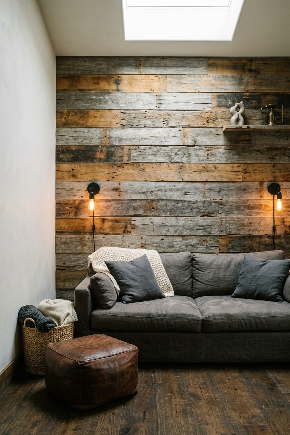 Reclaimed wood accent wall with varied weathered planks and matte black sconces in a cabin den with charcoal linen sofa and leather pouf
