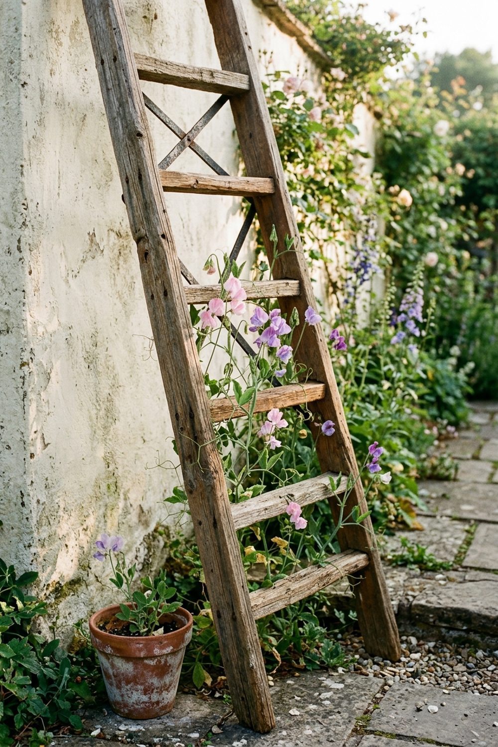 Weathered reclaimed wood ladder trellis leaning against a limewashed cottage wall with climbing sweet pea vines and a terracotta pot