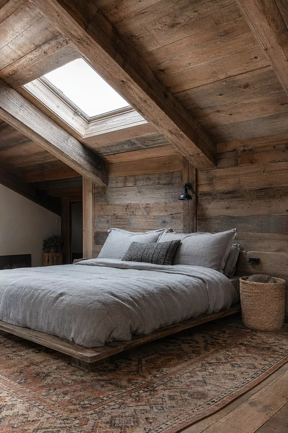 Reclaimed wood loft barn bedroom under sloped ceiling, low platform bed with washed gray linen bedding, iron sconce, woven jute basket, vintage wool rug