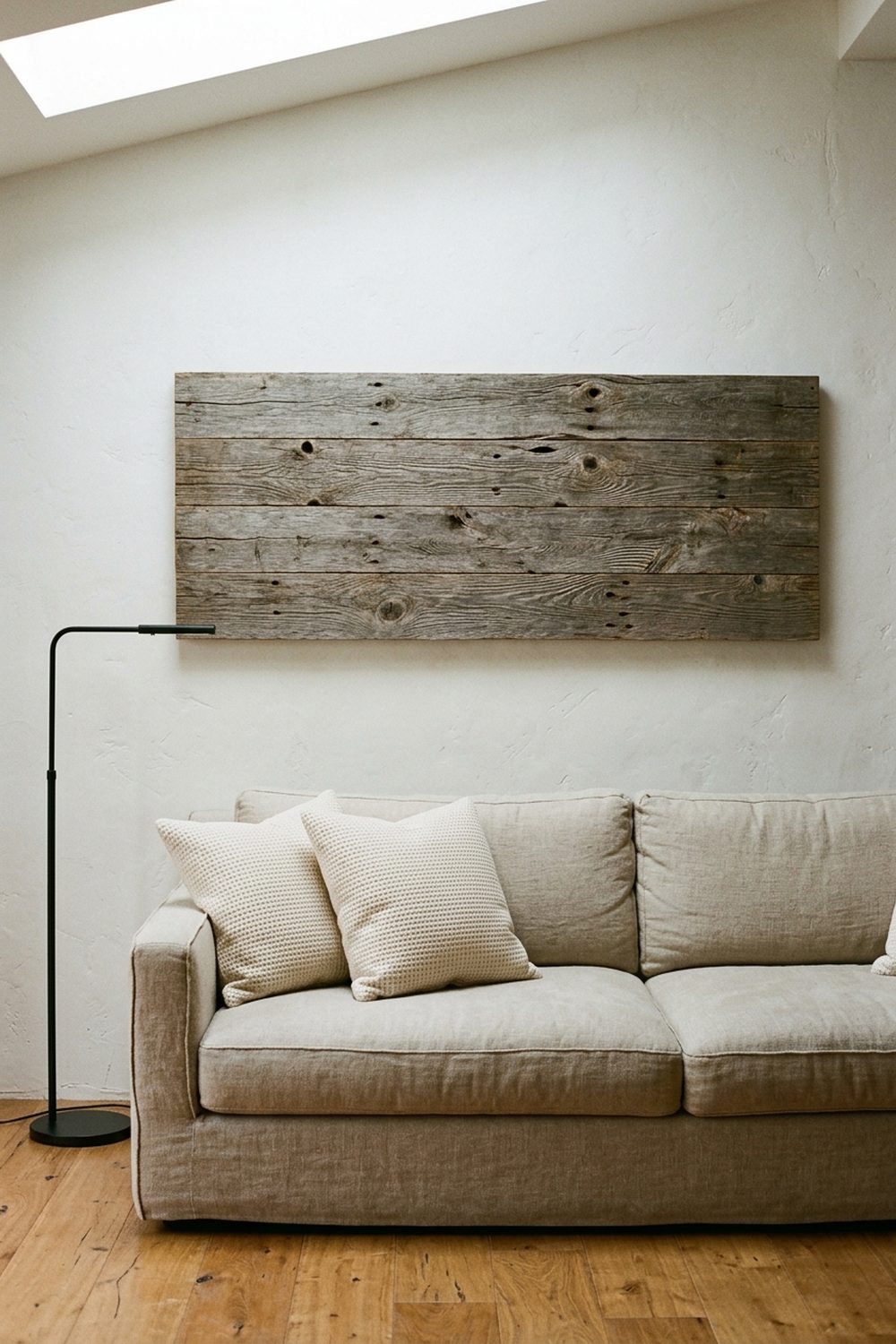 Large horizontal reclaimed wood plank wall sign with weathered grey-brown patina mounted above a deep linen sofa with cream throw pillows in a softly lit transitional living room