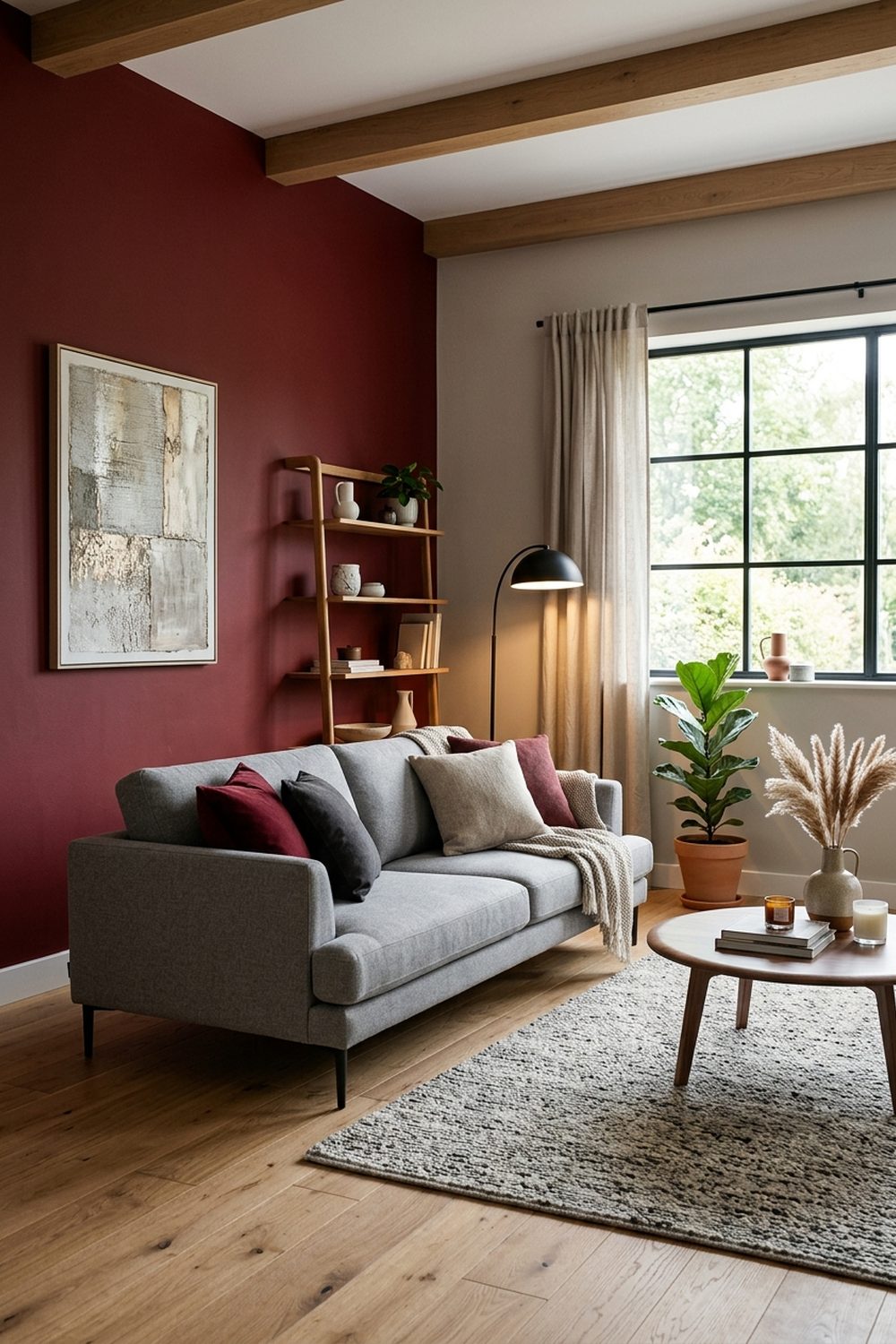 Deep oxblood red accent wall in a grey living room with modern furniture