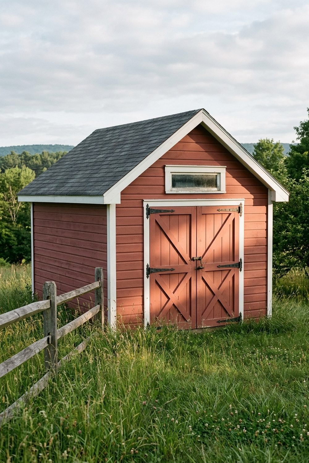 Classic red farmhouse barn style shed with X braced double doors, white trim, gable roof and split rail fence in a meadow