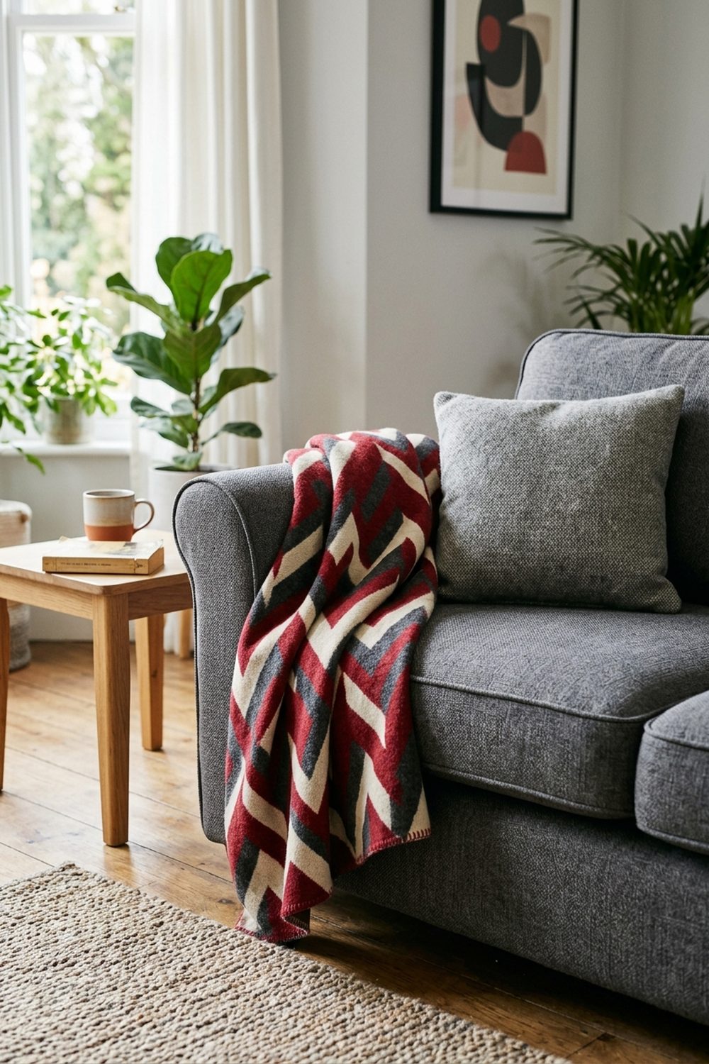 Red and grey geometric chevron throw blanket draped over a grey living room sofa