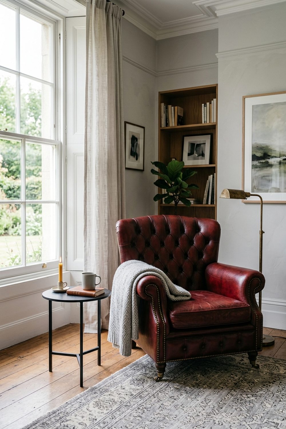Deep oxblood red leather armchair in a light grey living room with natural light