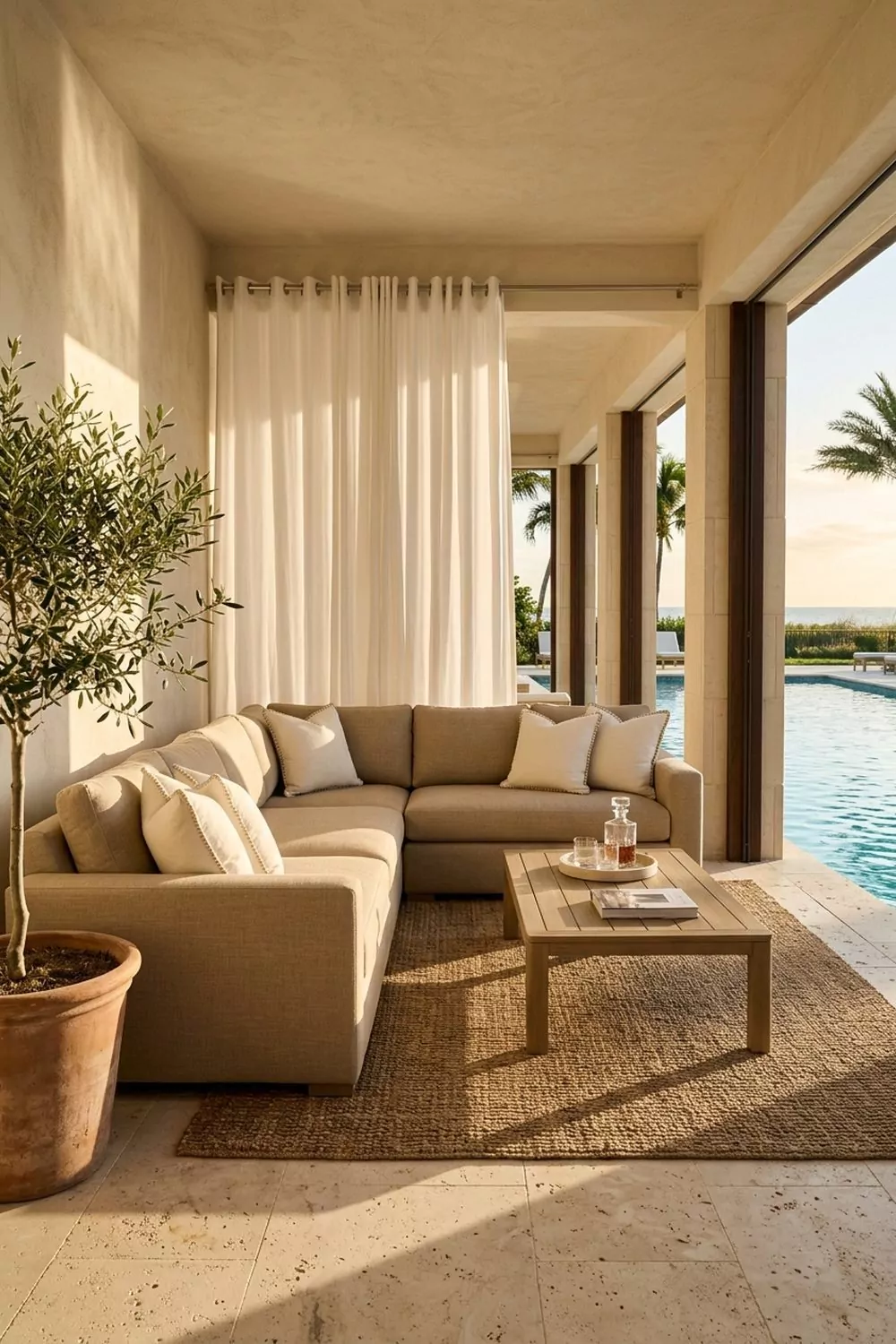 Resort style poolside lounge pool cabana with sand-colored sectional, teak coffee table, cream drapes and open view of aqua pool water