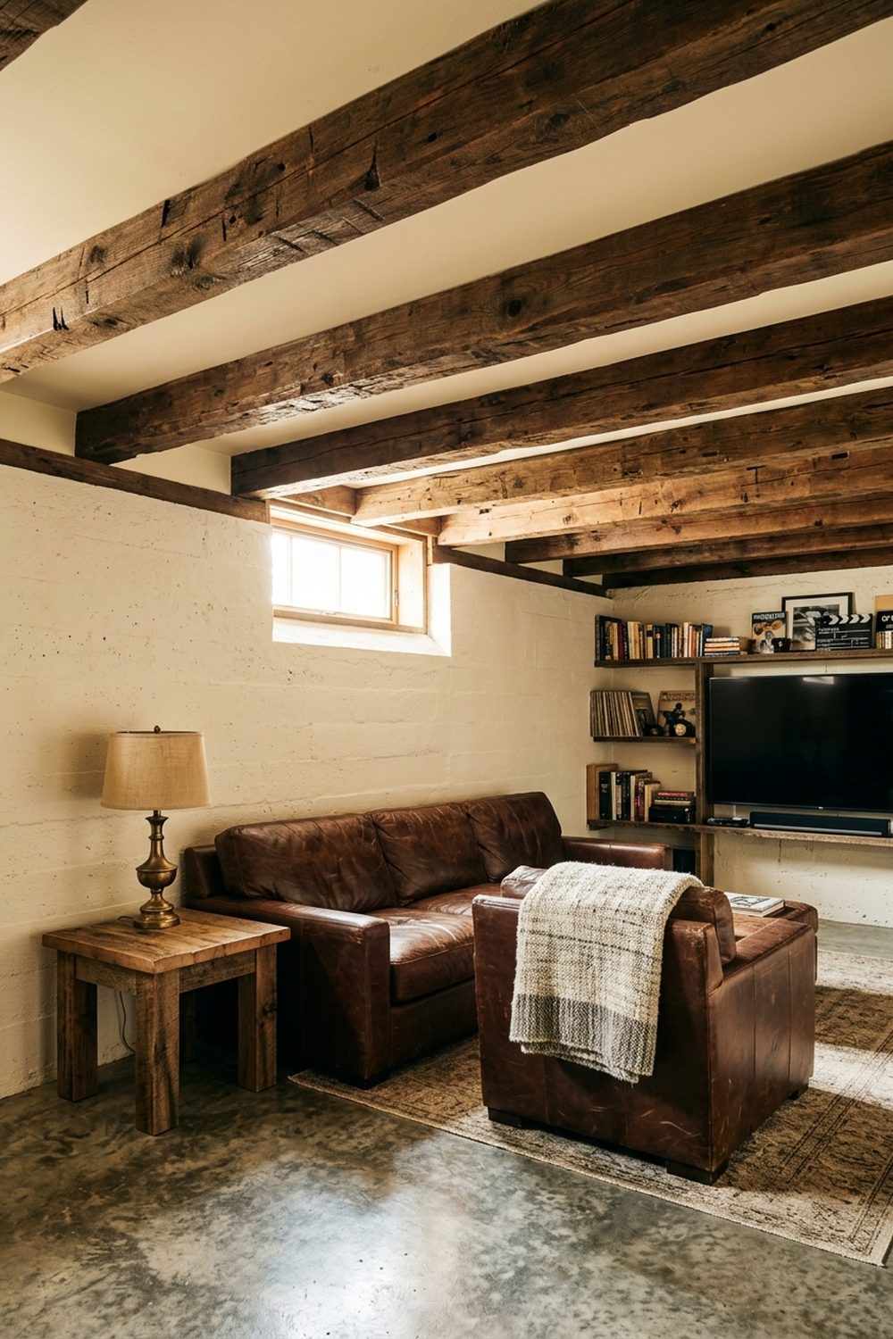 Rustic Exposed Beam Basement Ceiling