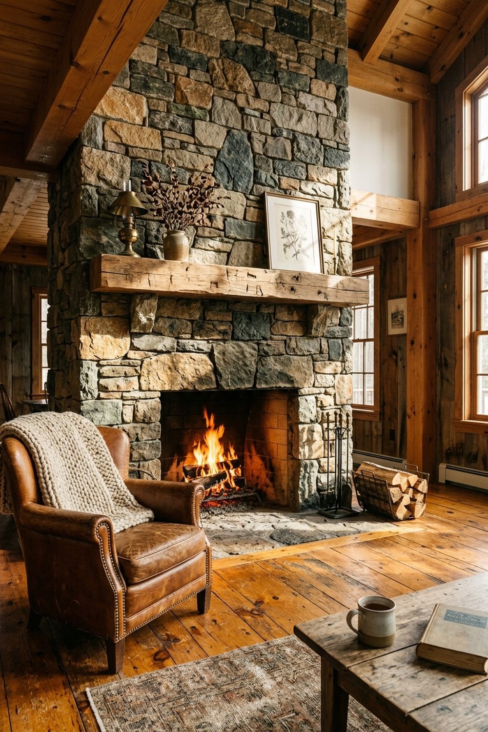 Rustic stone fireplace with fieldstone surround and hand-hewn oak mantel in a cozy cabin living room with leather armchair and pine floors