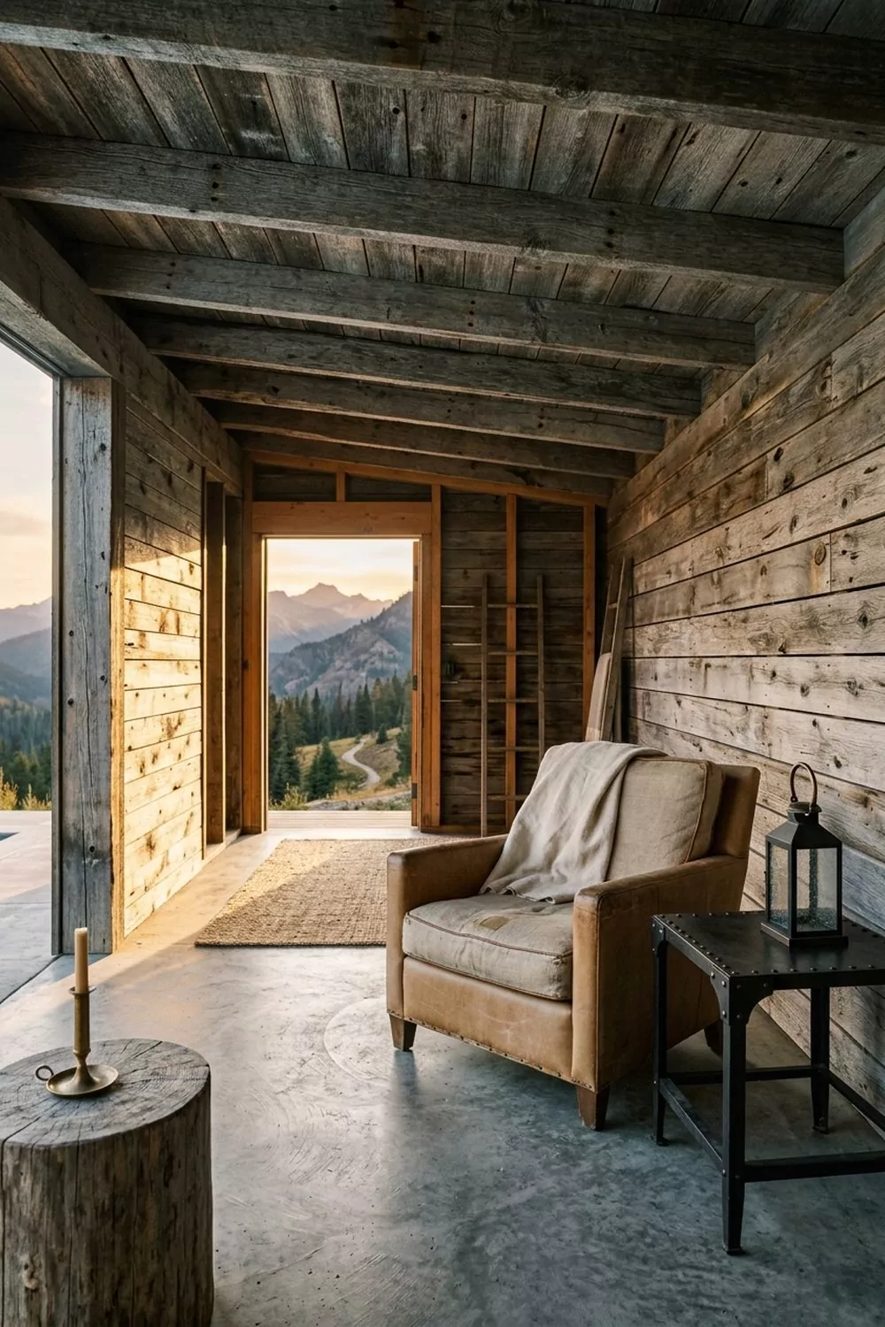 Rustic wood pool cabana hideaway with reclaimed barn wood beams, cedar plank walls, leather armchair, forged iron side table and mountain view