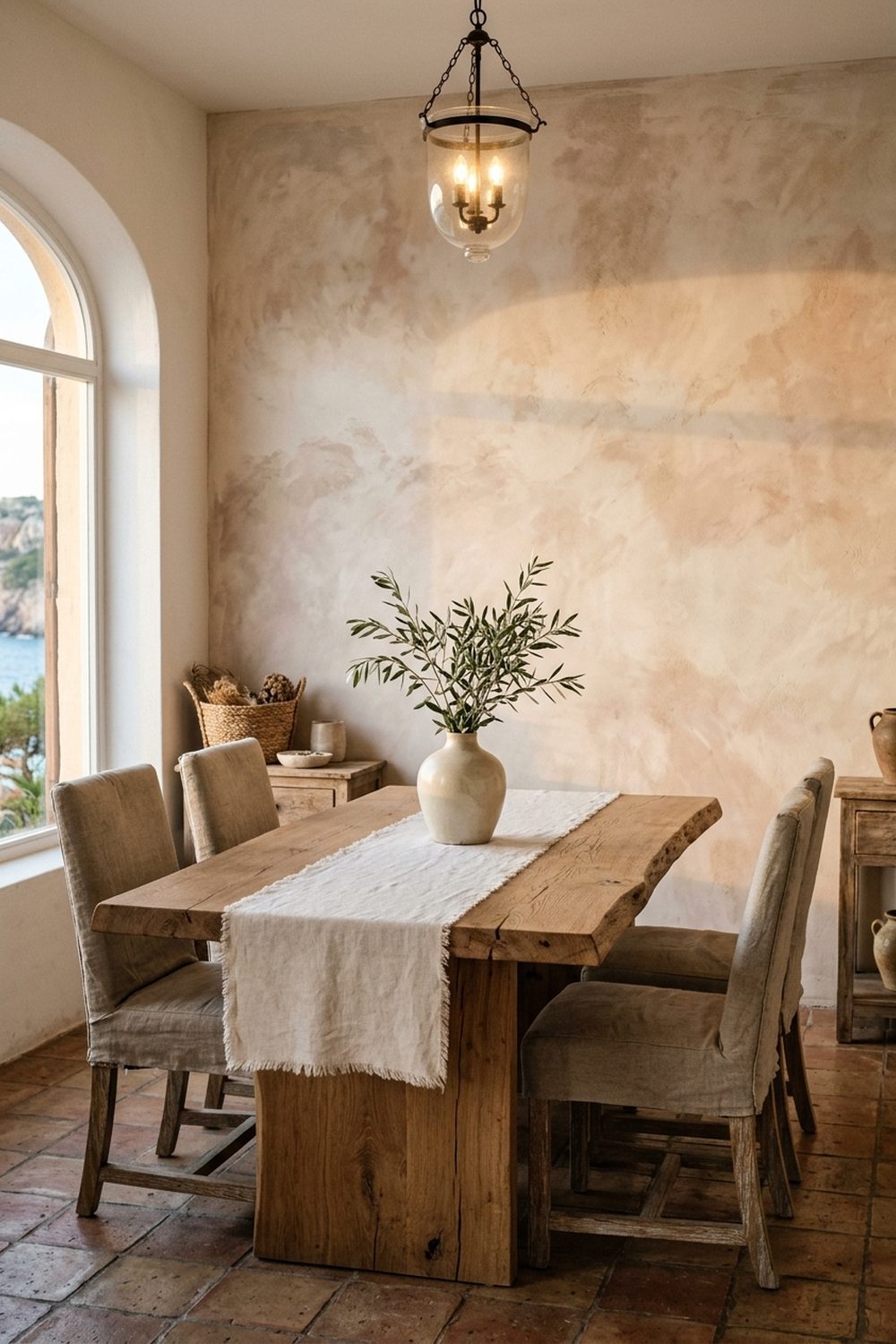 Sandy limewash plaster coastal accent wall in warm cream and pale taupe with subtle mineral variation, behind an oak dining table and linen upholstered dining chairs, simple pottery centerpiece