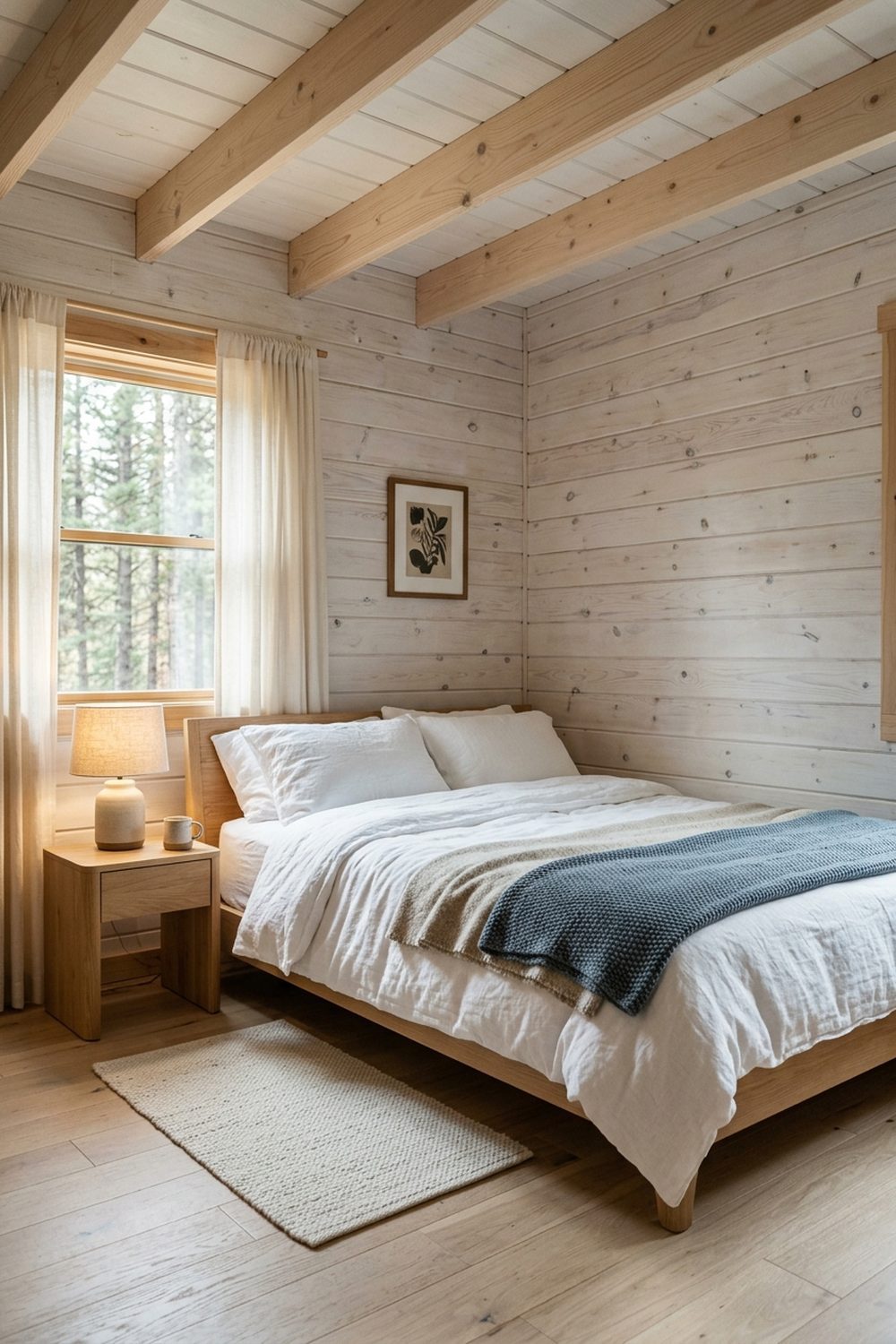 Scandinavian minimalist cabin bedroom with whitewashed pine plank walls, exposed ceiling rafters, white oak bed, linen bedding, and pine trees visible through window