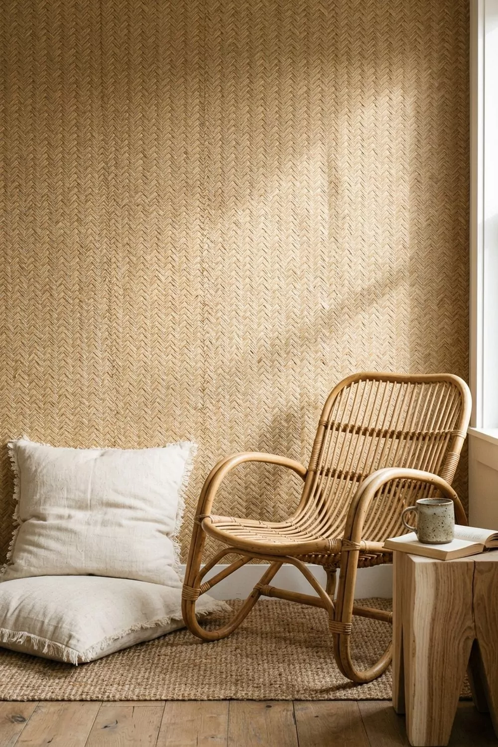 Seagrass woven textured coastal accent wall in a small reading corner, natural tan fibers in tight basket weave pattern, curved rattan chair, linen floor cushion, small side table