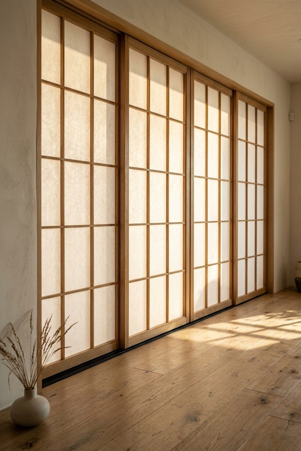 Shoji inspired sliding panel screens with oak lattice and warm white paper glowing in a Japandi living space with wide plank oak floor